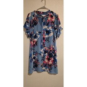 Charles Henry Dress Women's Petite M Blue Floral Shift Flutter Sleeve Tie Neck